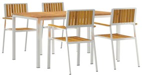 5 darabos Kert Étkező Garnitúra Tömör Akácfából, Kültéri Étkezőasztal 150x90x75 cm Tömör Akácfából, Összecsukható Kert Székek 4 db Tömör Akácfából és Fém