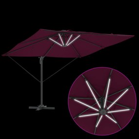 Cantilever Roma napernyő LED világítással, Bordeaux vörös, 286 x 285 x 270 cm alumínium.