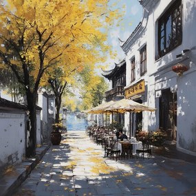 Vászonkép Canvas Város Kína Utca Kávézó Ginkgo Víz 80x80