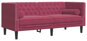 2 személyes bordó bársony Chesterfield kanapé hengerpárnákkal