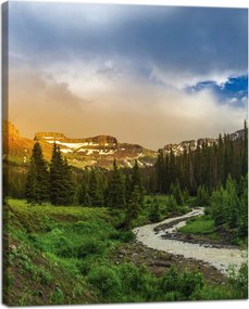 Vászonkép Ösvény a hegyek között Erdő Fák Nap 40x50 cm