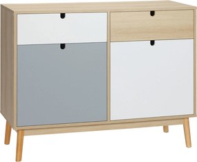 HOMCOM Oldalszekrény tároló szekrény 2 zárt rekesszel és 2 fiókkal, emelt fenyőfa lábakkal, Konyhába, Hálószobába, Előszobába 100x40x79.5 cm, Többszín