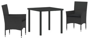 3 Részes Kert Étkezőszett párnákkal Fekete Polirattan, Kert Asztal Fekete 80x80x73 cm Edzett Üveg