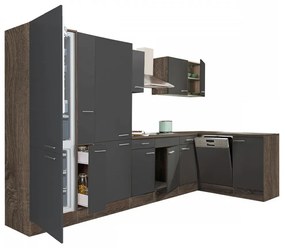 Yorki 370 sarok konyhablokk yorki tölgy korpusz,selyemfényű antracit fronttal polcos szekrénnyel és alulfagyasztós hűtős szekrénnyel