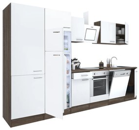 Yorki 340 konyhablokk yorki tölgy korpusz,selyemfényű fehér front alsó sütős elemmel polcos szekrénnyel és felülfagyasztós hűtős szekrénnyel