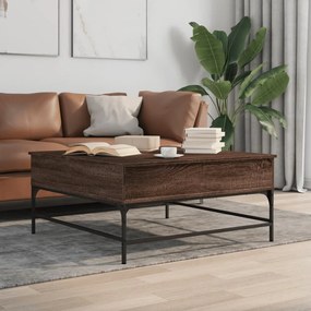 Barna tölgyszínű szerelt fa és fém dohányzóasztal 95x95x45 cm
