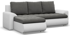 Tokio sarokkanapé, 2 ágyneműtartóval, bársony + műbőr, baloldali, szürke - fehér