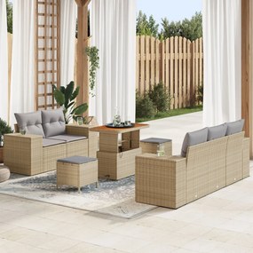8 Részes Kerti Kanapé Szett Párnákkal Bézs Poly Rattan Akác, 3 Részes Kerti Étkező Szett Párnákkal Bézs Poly Rattan Akác