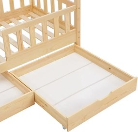 Természetes fa gyerekágy ház formában, tárolóval