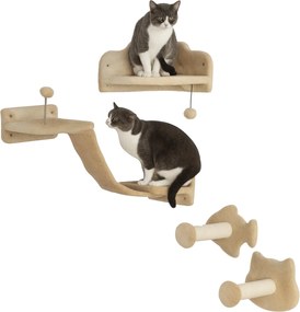 PawHut 4 részes macska falipolc készlet macska kaparóval, 2 sisal oszloppal, dupla platformmal puha létrával, és egy sarokugró platformmal, bézs színb