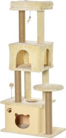 PawHut Nagy Macskakaparó Fa 60x34x136 cm Macska Fa Platformokkal, Plüss Barlangokkal, Levehető Jutaoszlopokkal és Felfüggesztett Labdával Beige | Aoso