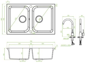 Laveo Celia, 2-kamrás gránit mosogató 760x480x184 mm + mosogató keverő U-alakú kifolyóval, bézs, LAV-SJCE420T