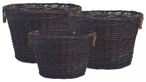 3 darabos sötétbarna rakásolható fűzfa tűzifatárolókosár-szett