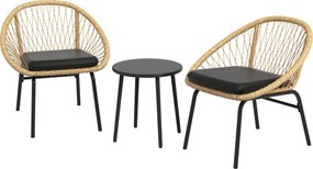 Outsunny 3 részes Rattan Kerti Bútor Szett, Erkély Bútor Szett Kávézó Asztallal, 2 Székkel, Párnás Ülőgarnitúra Erkélyre, Teraszra, Poliészter, Sárga
