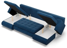 Tokio U alakú sarokkanapé, 3 ágyneműtartóval, kordbársony, univerzális oldal, kék