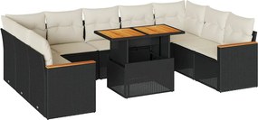 vidaXL 10 részes fekete polyrattan akácfa kerti ülőgarnitúra párnákkal