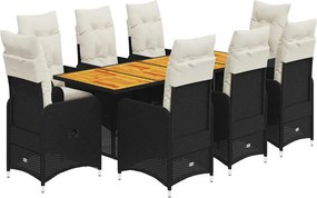 vidaXL 9 részes fekete polyrattan kerti bisztrógarnitúra párnákkal