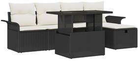 6 Részes Kert Sofabútor Készlet Párnákkal Fekete Poli Rattan, 2 Személyes Kert Sofabútor Készlet Raktárral és Párnákkal Fekete Poli Rattan