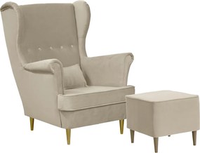 Skandináv stílusú füles fotel lábtartóval – Golden Bézs