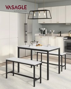 Étkezőasztal szett 4 fő részére, konyhaasztal 2 paddal, márványfehér és tintafekete színben