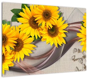 Kép - Ragyogó napraforgó virágok (üvegen) (70x50 cm)