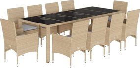 vidaXL 11 részes bézs polyrattan/üveg kerti étkezőgarnitúra párnákkal