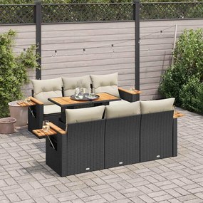 7 részes fekete polyrattan akácfa kerti ülőgarnitúra párnával