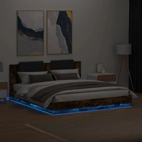 füstös tölgy színű ágykeret fejtámlával és LED-ekkel 160x200 cm