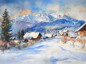 Vászonkép Canvas Tájkép Kilátás Hegyek Tátra Tél Hó Falu Házak 100x75