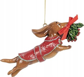 Függő karácsonyi tacskó dekoráció fagyönggyel 12x2x4 cm