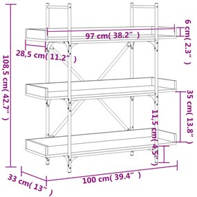 3-szintes barna tölgy szerelt fa könyvespolc 100x33x108,5 cm