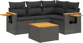 vidaXL 5 részes fekete polyrattan kerti kanapészett párnákkal