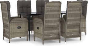 vidaXL 7 részes fekete és szürke polyrattan kerti étkezőszett párnával