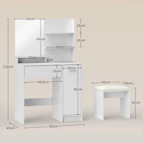 HOMCOM Sminkasztal Szett Tükörrel és Párnázott Székkel, Fiókkal, Tárolószekrénnyel és Állítható Polccal, 80L x 40W x 132H cm, Fehér | Aosom