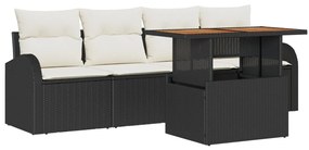 5 darabos kerti étkező szett párnákkal, fekete poli rattan, akác