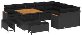 12 darabos kerti sofa szett párnákkal fekete poli rattan akácfa, 3 darabos kerti étkező szett párnákkal fekete poli rattan akácfa