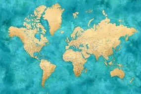 Térkép Detailed world map with cities in gold and teal watercolor, Lexy, Blursbyai