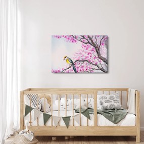 Kép - Madár egy fán rózsaszín virágokkal (90x60 cm)