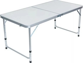 Kempingasztal szett, 1 összecsukható, állítható magasságú asztallal és 4 székkel, fehér, fémvázas, hordozható kivitel, 30 kg teherbírás