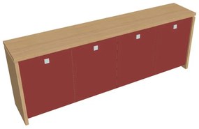 Verno alacsony szekrény 248 x 46 x 90 cm, üvegajtó, világos tölgy / piros