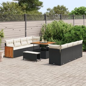 11 darabos kertikanapé szett párnákkal fekete poli rattan akácfával, 2 fős kertikanapé párnákkal fekete poli rattan, 3 darabos kertivacsora szett párnákkal fekete poli rattan akácfával