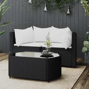 3 részes fekete polyrattan kerti ülőgarnitúra párnákkal