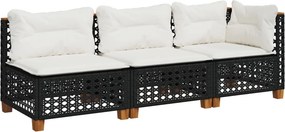 vidaXL fekete 3 személyes polyrattan kerti kanapé párnákkal