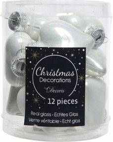 Szív alakú üveggömbök 12db Fehér karácsonyfadísz