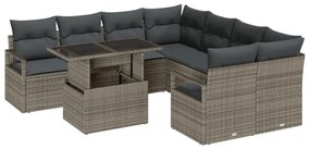 9 darabos kerti kanapé szett párnákkal, szürke, poli rattan, 2 fős kerti kanapé párnákkal, szürke, poli rattan
