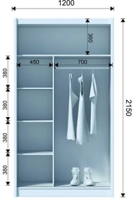 SABRINA gardróbszekrény tükörrel, 120x215 cm, fehér