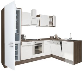 Yorki 280 sarok konyhabútor yorki tölgy korpusz,selyemfényű fehér front alsó sütős elemmel alulagyasztós hűtős szekrénnyel