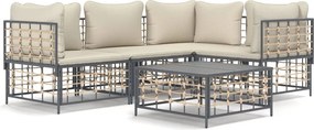 vidaXL 5 részes antracitszürke polyrattan kerti ülőgarnitúra párnákkal