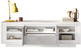 SKY 2.0 TV-szekrény 2 ajtóval és 1 fiókkal, fehér matt lakkozott vázzal, betonhatású laminált előlapokkal