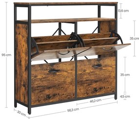 Cipős szekrény 4 ajtós 12-20 pár cipő tárolására, rusztikus barna 98x30x96cm